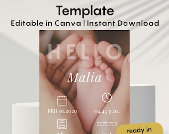 Baby Announcement Canva Editable, Minimalist Birth Announcement, Photo Baby Reveal, Neutral Modern Baby Card, WhatsApp Birth Template