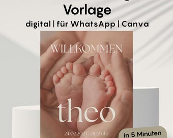 Baby Announcement Template Canva | Minimal Birth Announcement Neutral | Editable Baby Card WhatsApp Modern