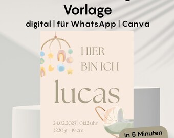 Baby Announcement Template Canva Boy – Birth Announcement Card, Minimalist Newborn Template, Editable, Instant Download WhatsApp