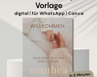 Baby Announcement Template Canva Editable, Birth Announcement Template, Baby Card, Newborn Photo Announcement, WhatsApp Baby Reveal