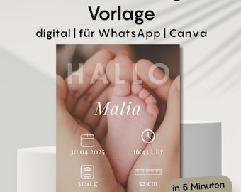 Baby Announcement Canva Editable, Minimalist Birth Announcement, Photo Baby Reveal, Neutral Modern Baby Card, WhatsApp Birth Template