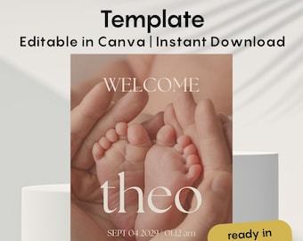Baby Announcement Template Canva | Minimal Birth Announcement Neutral | Editable Baby Card WhatsApp Modern