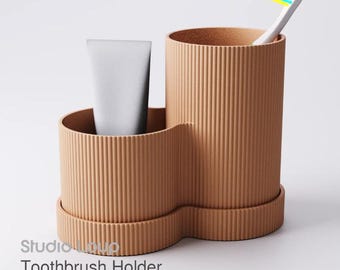 Toothbrush Holder with Drainage Tray | Modern Bathroom Organizer | 3D Printed Ripple Design | Studio Loup