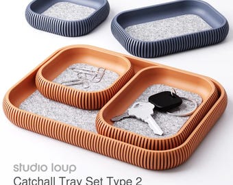 Catchall Tray Set Type 2 | 3D Printed Modern Ribbed Tray with Felt Insert Option