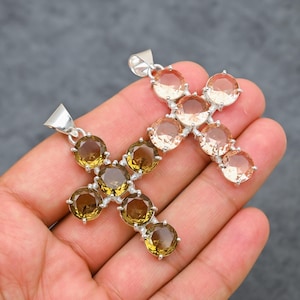 Smoky Quartz & Rose Quartz Cross Pendant | 925 Sterling Silver Religious Necklace | Handmade Spiritual Christian Jewelry Her