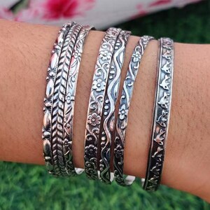Floral Sterling Silber Armreif 6er Set - Handgefertigter Armband Stapel für Frauen