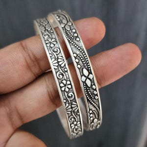 Oxidized Sterling Silver Bangle Set: Floral Tribal Design, Handmade Kada