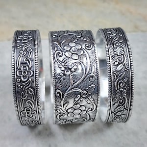 Floral Engraved Sterling Silver Bangle Set – Handmade Vintage Cuff