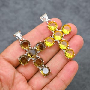 925 Sterling Silver Cross Pendant – Handmade Smoky Quartz or Citrine Gemstone Necklace for Women & Kids Gift Christmas