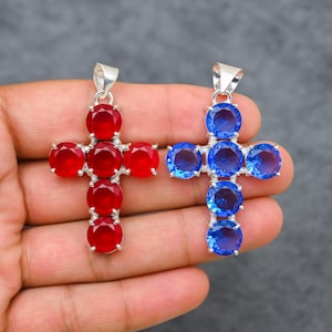Radiant Red Ruby & Blue Sapphire CZ Cross Pendant Set 2 Sterling Silver Faith Jewelry, Spiritual Healing Crystal Necklaces Gift For Her