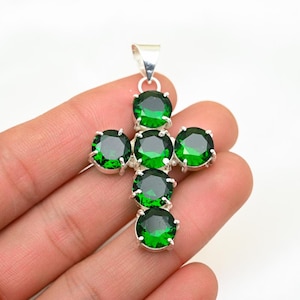 Emerald Cross Pendant: Handmade 925 Sterling Silver Religious Necklace