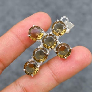 Smoky Quartz Cross Pendant – 925 Sterling Silver Healing Crystal Religious Jewelry – Handmade Spiritual Gemstone Necklace – Gift for Women