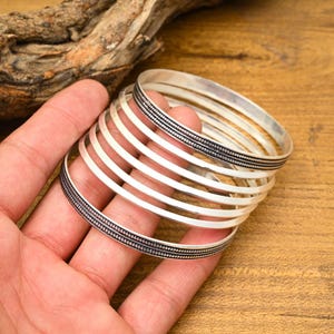 Sterling Silver Bangle Set of 7: Stackable Plain & Oxidized Boho Bangles
