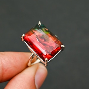 Bague ammolite faite main - Bague tendance en argent sterling 925 - Bijoux en pierres précieuses multicolores - Bague de cocktail unique - Cadeau pour elle