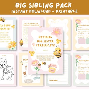 Big Sibling Printable Activity Pack - Bees | A4 & 5x7 Sizes | Big Sister Certificate, Letter to Baby, Checklist + Games | Instant Download