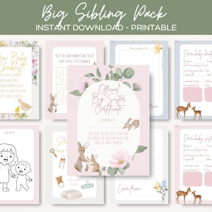 Big Sibling Printable Activity Pack - Bunny | A4 & 5x7 Sizes | Big Sister Certificate, Letter to Baby, Checklist + Games | Instant Download