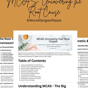 May include: A guide titled "MCAS: Uncovering Your Root Causes" with a step-by-step investigation guide. The cover features text and a coffee cup. The table of contents includes topics like environmental trigger assessment and genetic factors.