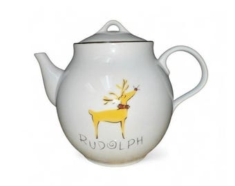 Tetera navideña de cerámica blanca con el reno Rodolfo de Pottery Barn