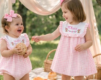 Girls Monogrammed Easter Pink Gingham Dress Matching Hair Bow,Rabbit Embroidered Romper,Baby Girl Smock Outfit,Customized Name,Spring Dress