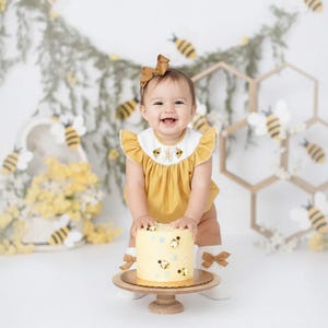 May include: A smiling baby in a yellow outfit with a matching bow, holding a cake decorated with bees. The cake sits on a wooden stand. The background includes bee decorations and honeycomb-shaped structures.