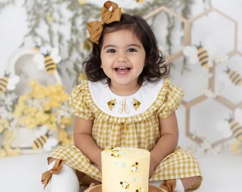 Personalized Baby Girls First Bee Day Embroidered Dress, Girls Bumblebee First Birthday Outfit, Bee Embroidered Ruffle Dress, Spring Outfit