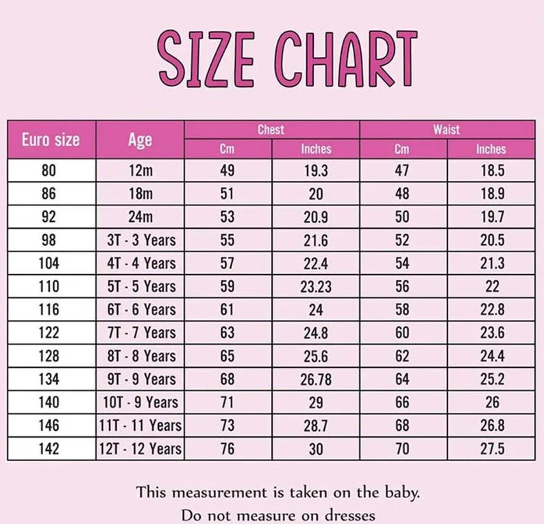 May include: A size chart for children's clothing, with measurements in centimeters and inches. The chart includes Euro sizes, age ranges, chest measurements (19.3 to 30 inches), and waist measurements (18.5 to 27.5 inches). The text "SIZE CHART" is at the top.