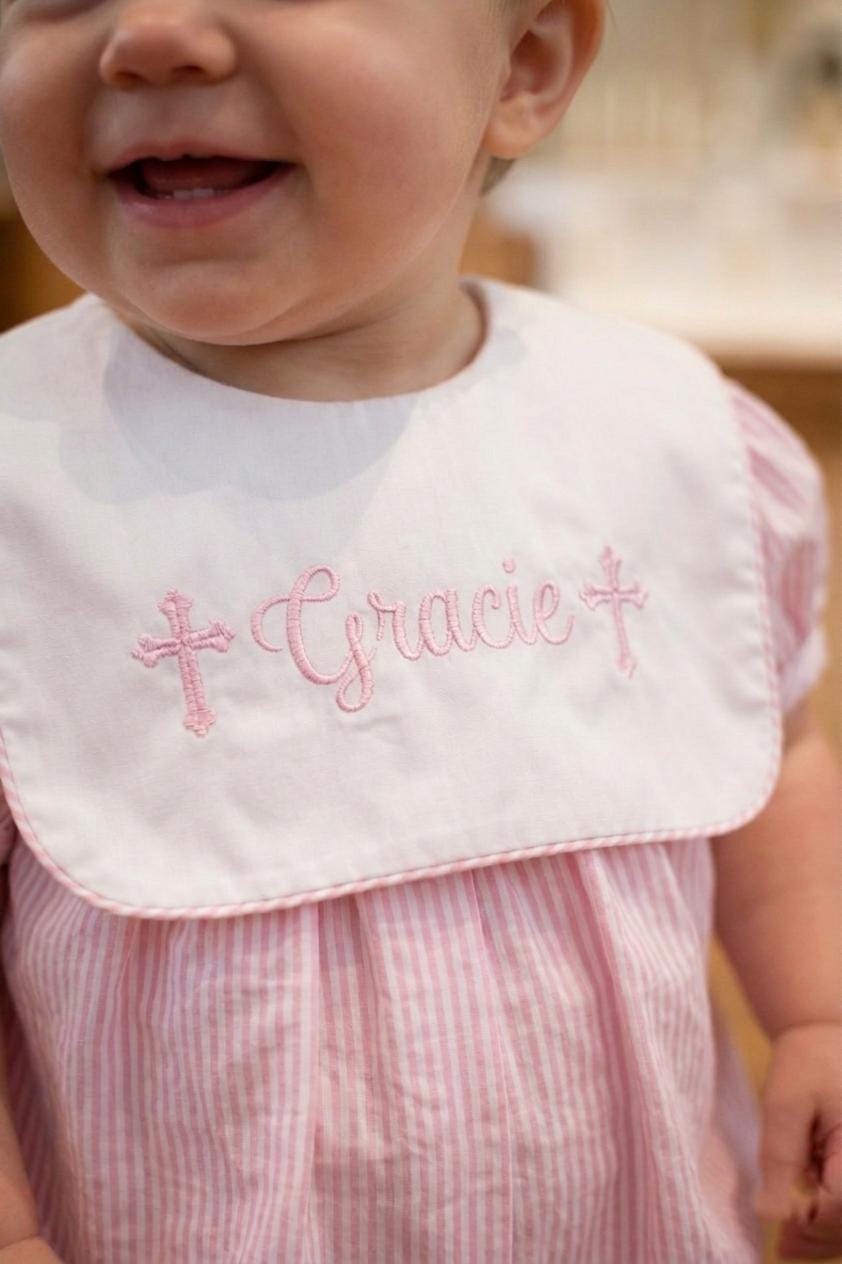 strapless open back dress Wholesale Smocked Pink Cross Baby Girl Christening Gown with Bonnet