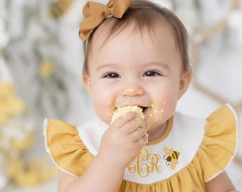 First Bee Day ONE First Birthday Girl Outfit, Smocked Bubble Romper Spring Summer Birthday Girl Outfit Baby Girls 1st Birthday First Beeday