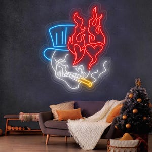 Skull Head Neon Sign, Custom Handmade Fire LED Light, Unique Wall Decor, Personalized Skull Art, Aesthetic Gift, Man Cave Sign