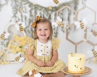 Personalized Baby Girls First Bee Day Embroidered Dress, Girls Bumblebee First Birthday Outfit, Bee Embroidered Ruffle Dress, Spring Outfit
