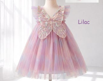 Vestido de bebé con mariposa arcoíris y diadema, lindo vestido de fiesta de tul rosa degradado para niña de cumpleaños, vestido rosa con alas de mariposa