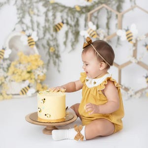 May include: A baby in a mustard yellow romper with a matching headband and socks, sits near a yellow cake decorated with bee illustrations. The cake sits on a wooden cake stand. The background includes bee decorations.