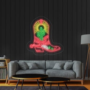 Neon z motywem kowbojskich butów i kaktusa, światło LED z motywem kowbojki, dekoracja w stylu western, niestandardowy znak w stylu rustykalnym, dekoracja ścienna do sypialni, prezent świąteczny