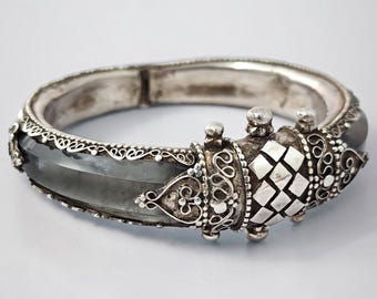 Vintage Sterling Silver & Glass Estate Bangle Bracelet Sri Lanka | Kandyan Antique Silver Hinged Cuff