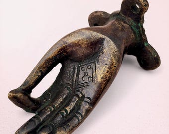 Hand Mudra Brass Door Handle from Nepal | Vintage Nepalese Buddhist Door Pull Hardware