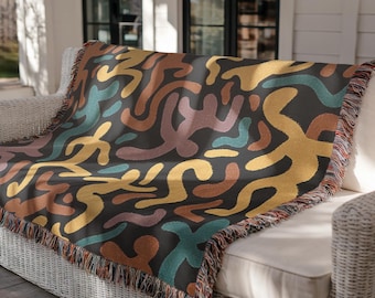 Keith Haring Style Woven Blanket, Colorful Dance Figure Throw, Pop Art Inspired Tapestry, Bold Modern Blanket, Funky Gift for Art Lovers0022