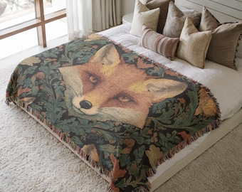 Fox Tapestry Woven Blanket, Dark Woodland Animal Throw, Mystical Fox Face Blanket, Forestcore Home Decor, Gift for Nature Lover 00232