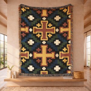 Byzantine Cross Woven Blanket, Medieval Tile Inspired Throw, Gold and Sienna Sacred Geometry Bedspread, Heritage Motif Wall Tapestry 00556