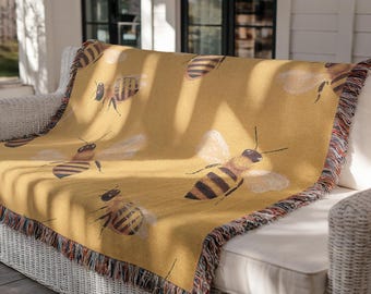 Yellow Bumblebee Woven Blanket, Cute Bee Throw for Kids Room, Bright Insect Blanket, Cozy Summer Bedspread, Gift for Bee Lover Decor 0094