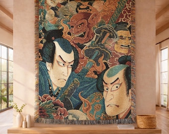 Japanese Samurai Woven Blanket, Ukiyo-e Warrior Throw, Asian Wall Art, Edo Period Inspired Couch Blanket, Traditional Japan Decor Gift 00440