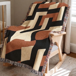 Interlocking Block Woven Throw, Large Sienna and Black Pattern Blanket, Aesthetic Studio Decor, Premium Cotton Modernist Wall Tapestry 00553