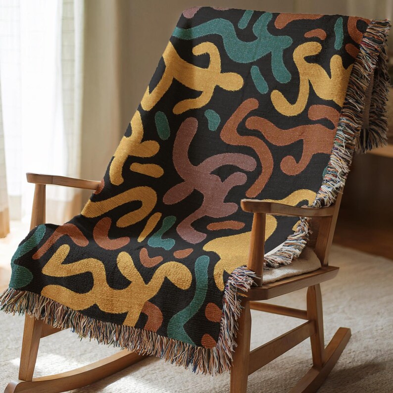 Keith Haring Style Woven Blanket, Colorful Dance Figure Throw, Pop Art Inspired Tapestry, Bold Modern Blanket, Funky Gift for Art Lovers0022 immagine 3