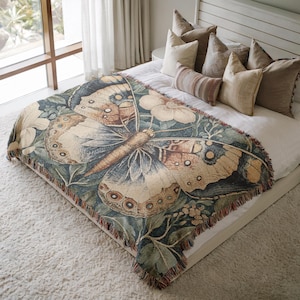 Butterfly Floral Woven Blanket, Vintage Garden Moth Throw, Cozy Cottagecore Tapestry, Nature Inspired Bedspread, Elegant Gift For Her 00218