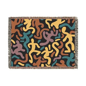Keith Haring Style Woven Blanket, Colorful Dance Figure Throw, Pop Art Inspired Tapestry, Bold Modern Blanket, Funky Gift for Art Lovers0022 immagine 7