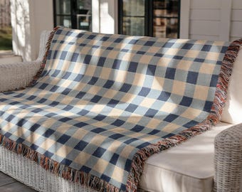 Blue Gingham Check Blanket, Navy Plaid Woven Throw, Farmhouse Style Bedspread, Cozy Cotton Couch Cover, Rustic Decor Gift for Home 00158