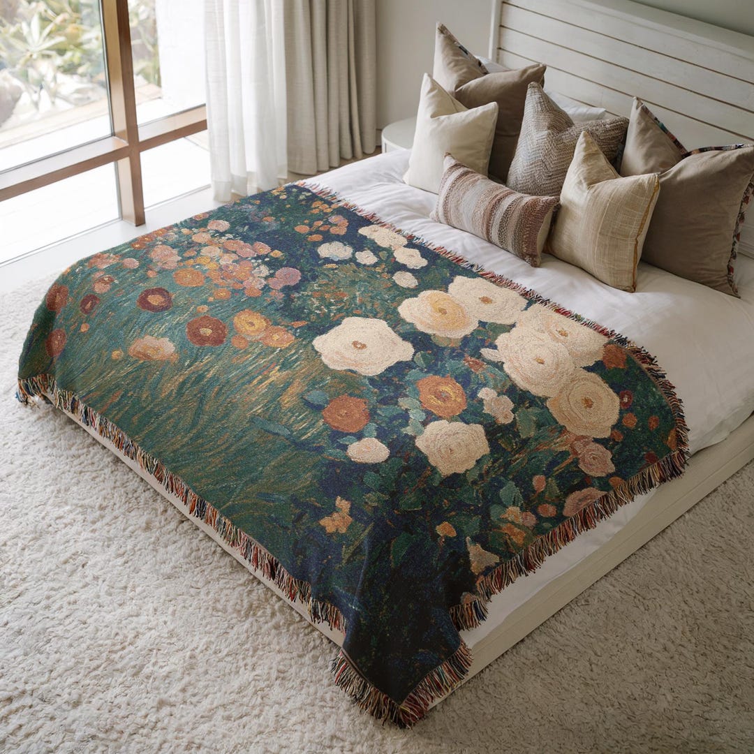 Vintage Rose Garden Woven Blanket, Impressionist Floral Throw Romantic ...