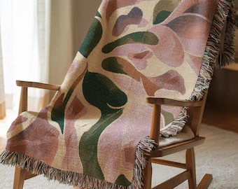 Colorful Abstract Floral Woven Blanket, Pink Green Artistic Tapestry Throw, Modern Botanical Art Blanket, Vibrant Living Room Decor 00230