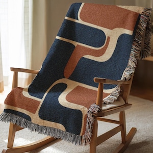 Bold Abstract Woven Throw Blanket, Modern Geometric Art Blanket in Navy and Rust, Cozy Minimalist Sofa Accent, Unique Living Room Gift 00169