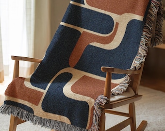 Bold Abstract Woven Throw Blanket, Modern Geometric Art Blanket in Navy and Rust, Cozy Minimalist Sofa Accent, Unique Living Room Gift 00169