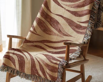 Brown Zebra Pattern Woven Blanket, Cozy Abstract Animal Print Throw, Boho Safari Decor Blanket, Neutral Couch Blanket Gift for Her Home00172